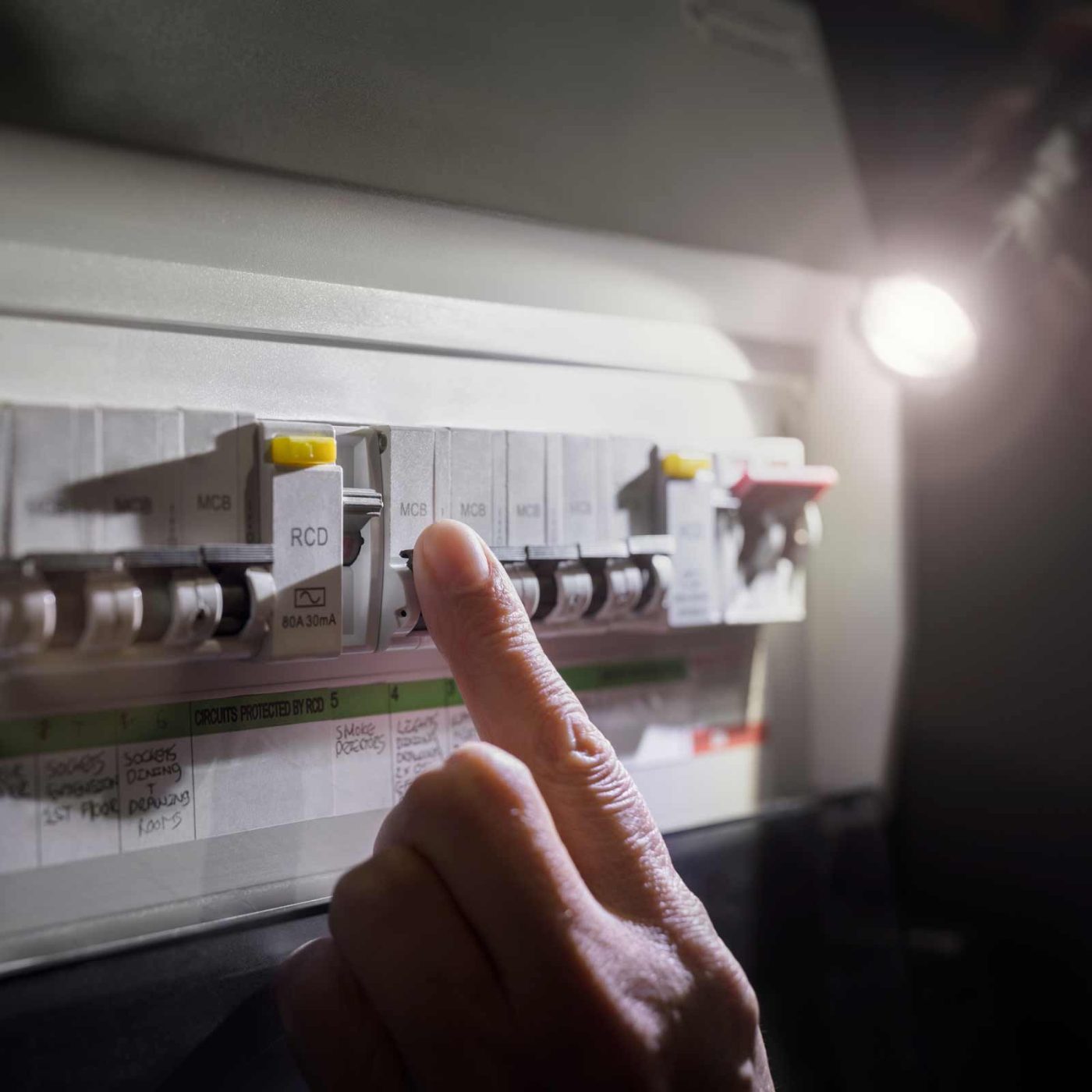 NCCS Group - A person's hand working at a fuse box with emergency lighting.